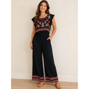 Savanna Jane Embroidered Jumpsuit M Black Floral Boho Wide Leg Flutter Sleeve